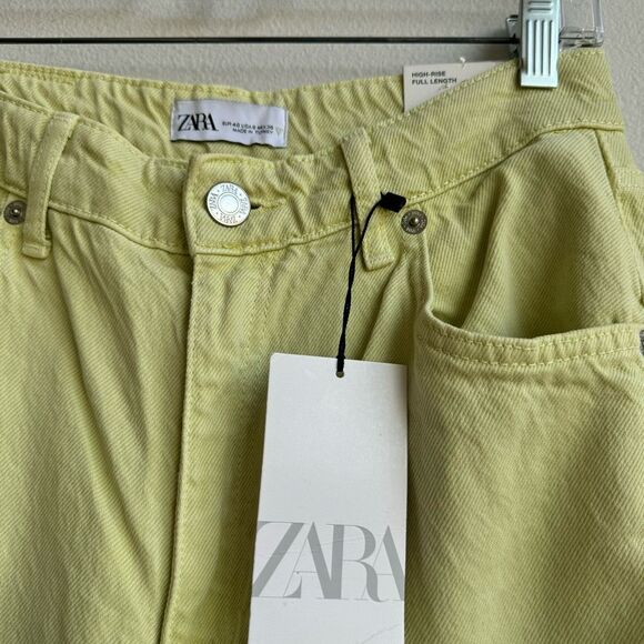 NWT Zara Wide Flare Leg Green Yellow Solid Wash Raw Hem Jeans High Rise Size 8 - Picture 2 of 5